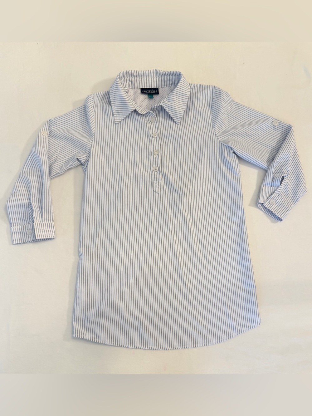 Prodoh Girls Lake Blue & White Roll-up Sleeve Pinstripe Fishing Dress Size 5